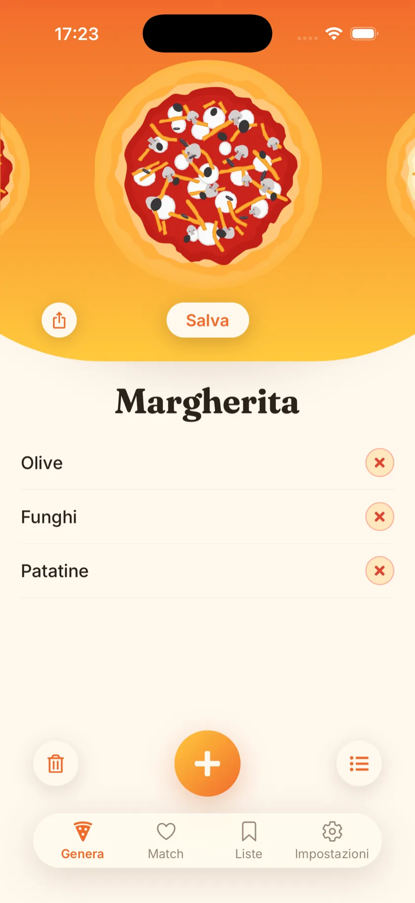 La schermata Genera: una Margherita con olive, funghi e patatine