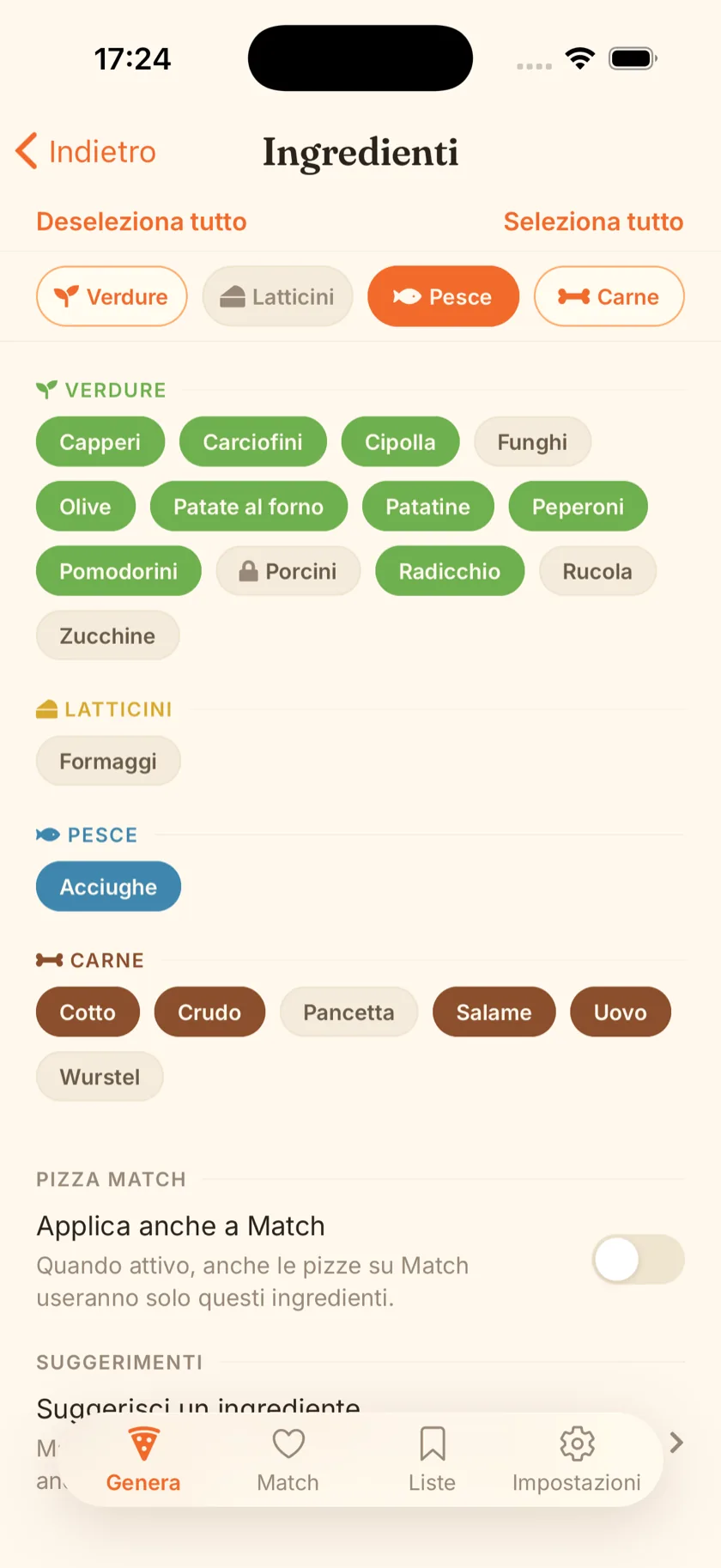 La schermata di scelta ingredienti, divisi per categoria