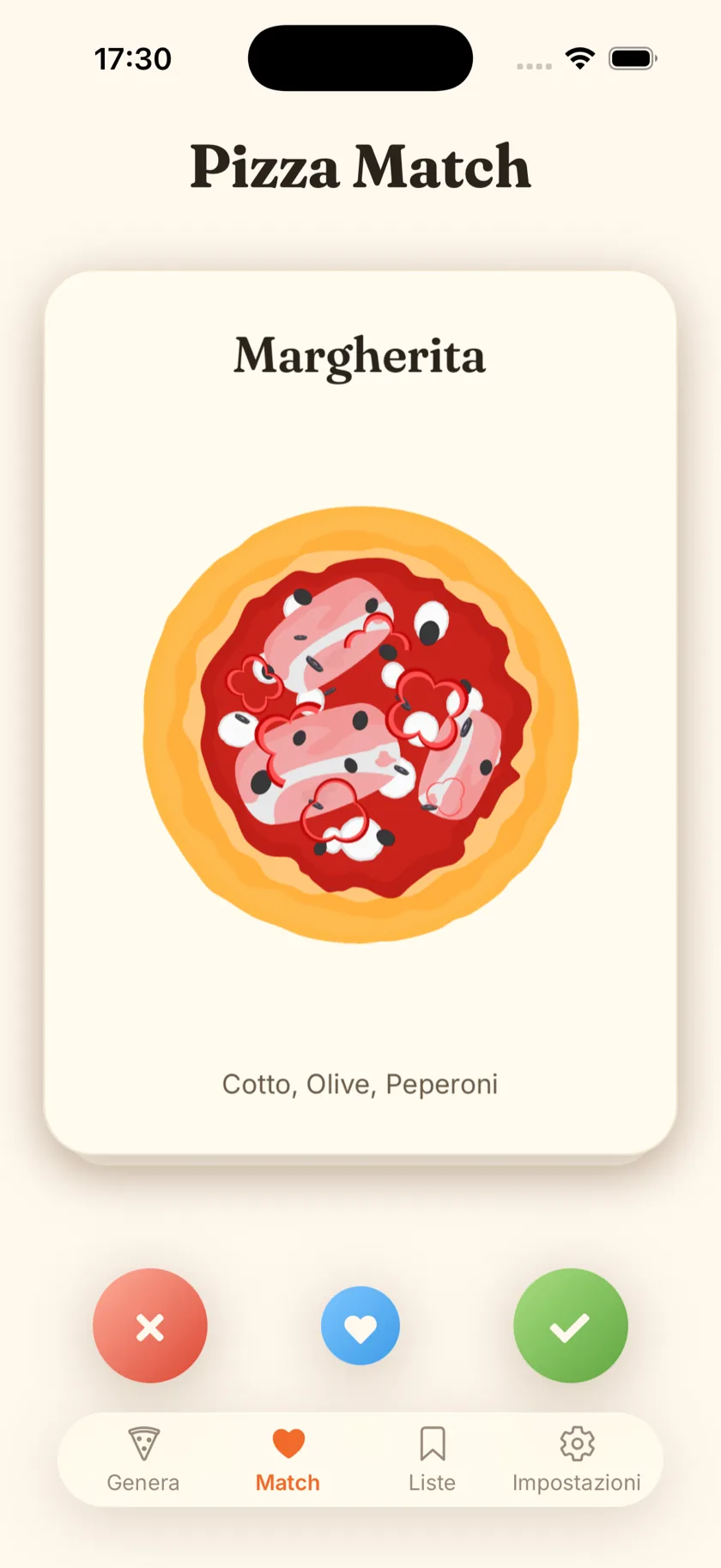 La schermata Match di Pizzer, con una pizza da salvare o scartare